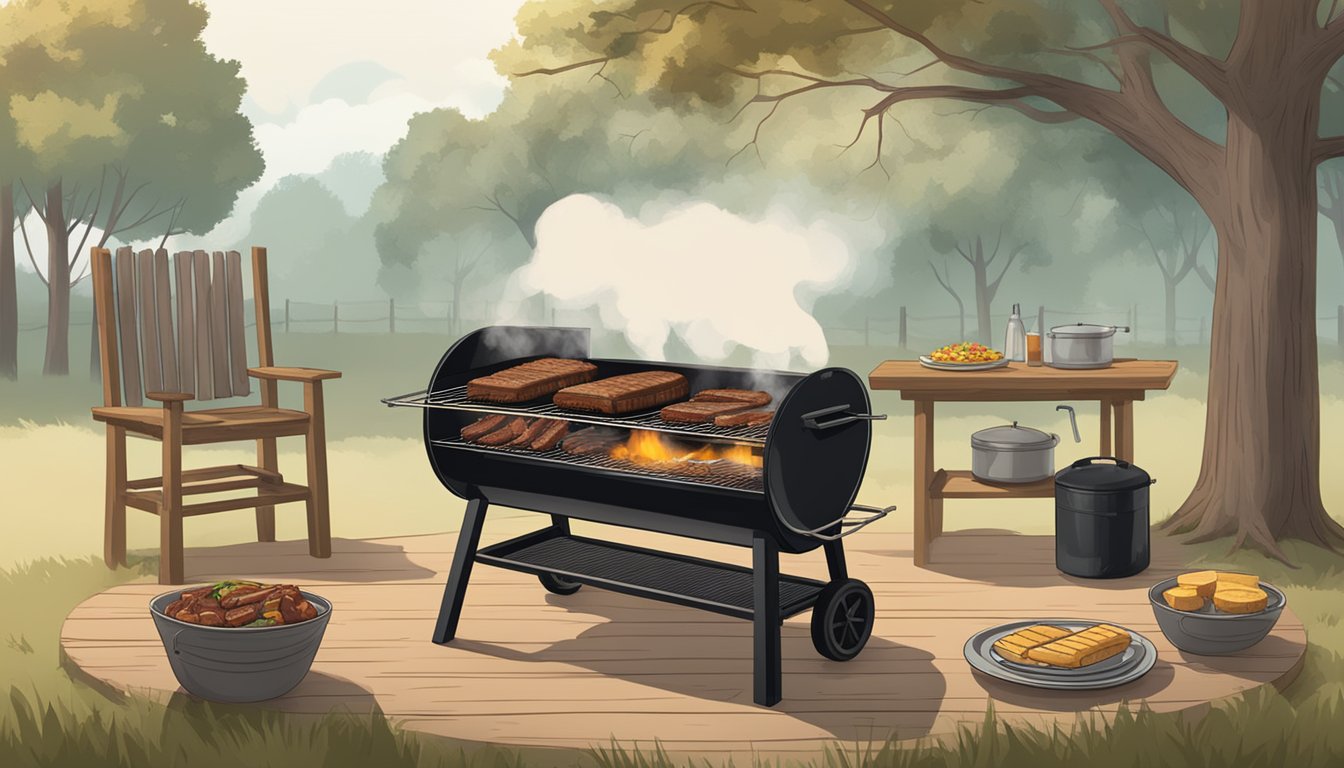 A smoky, outdoor barbecue pit surrounded by oak trees, with a rustic wooden table set with plates of brisket, ribs, and cornbread