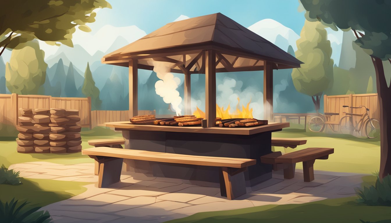 A rustic outdoor barbecue pit with smoke billowing out, surrounded by wooden picnic tables and a cozy, inviting atmosphere