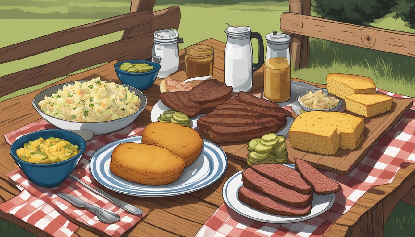 A spread of smoked meats, cornbread, pickles, and coleslaw on a wooden picnic table with a checkered tablecloth