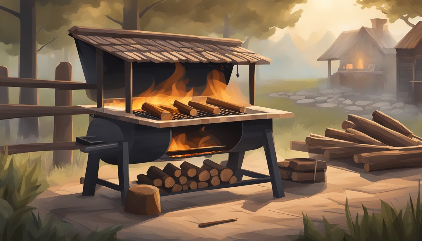 A rustic Texas BBQ pit with logs stacked nearby, smoke rising from the crackling fire, and a weathered workbench with various wood-cutting tools