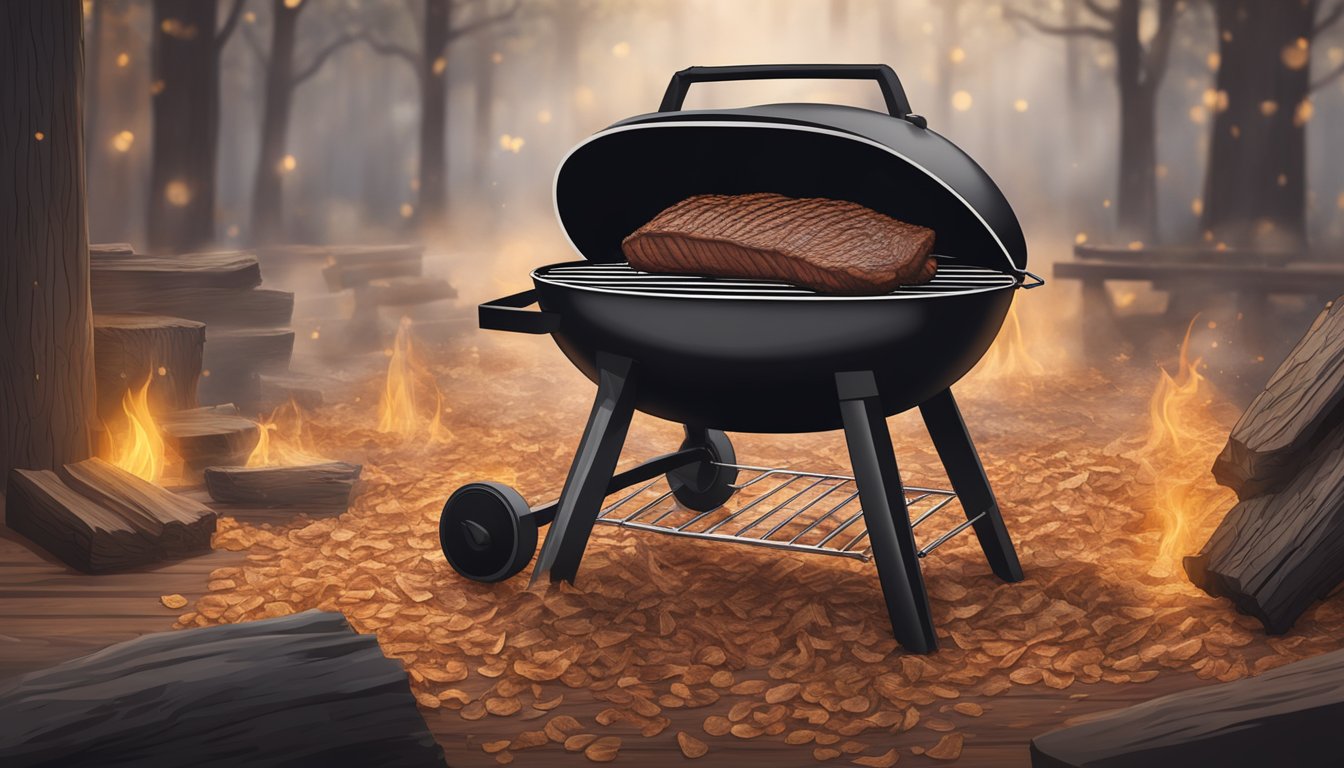 A large beef brisket sizzling on a smoking grill, surrounded by wood chips and a rustic Texas BBQ setting