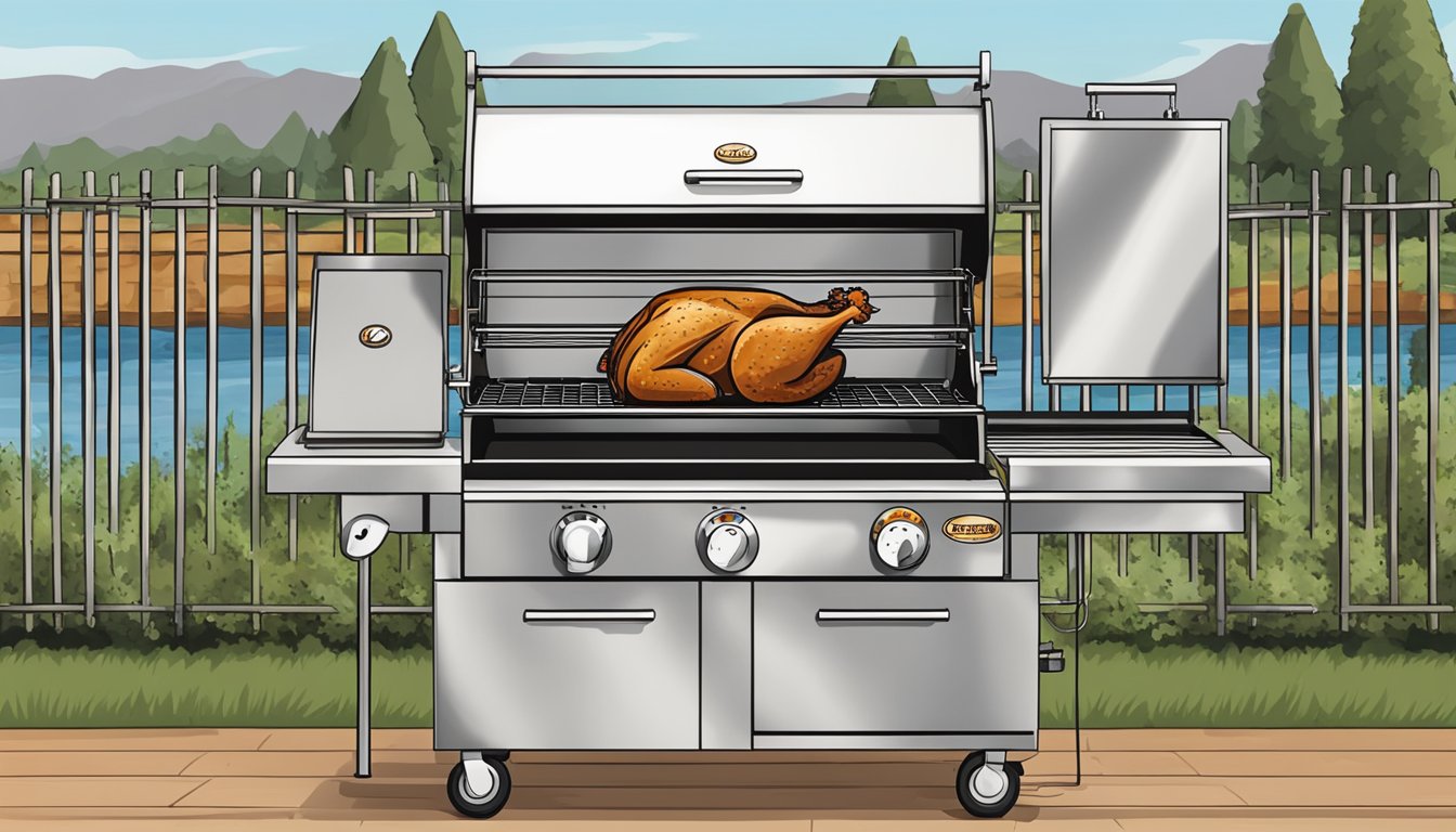 A grill with a rotisserie attachment showcasing a perfectly cooked Texas BBQ style rotisserie chicken, evenly browned and dripping with juices