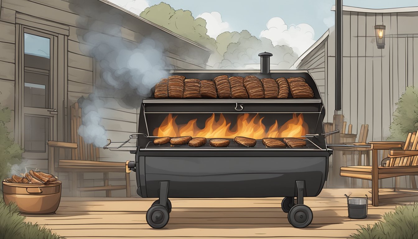 Ribs smoking on a Texas barbecue pit, surrounded by hickory wood smoke and a charred, caramelized glaze