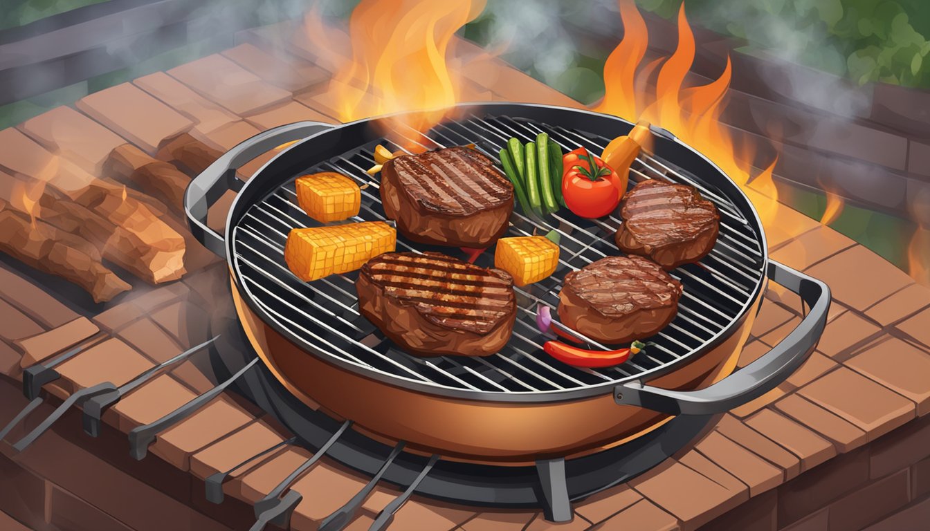 A grill basket filled with sizzling meat and vegetables over a hot barbecue, with the smoke and flames adding a Texas BBQ atmosphere