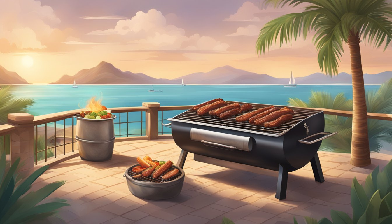 A smoky barbecue pit filled with sizzling ribs and brisket, surrounded by a coastal backdrop of palm trees and a warm sea breeze