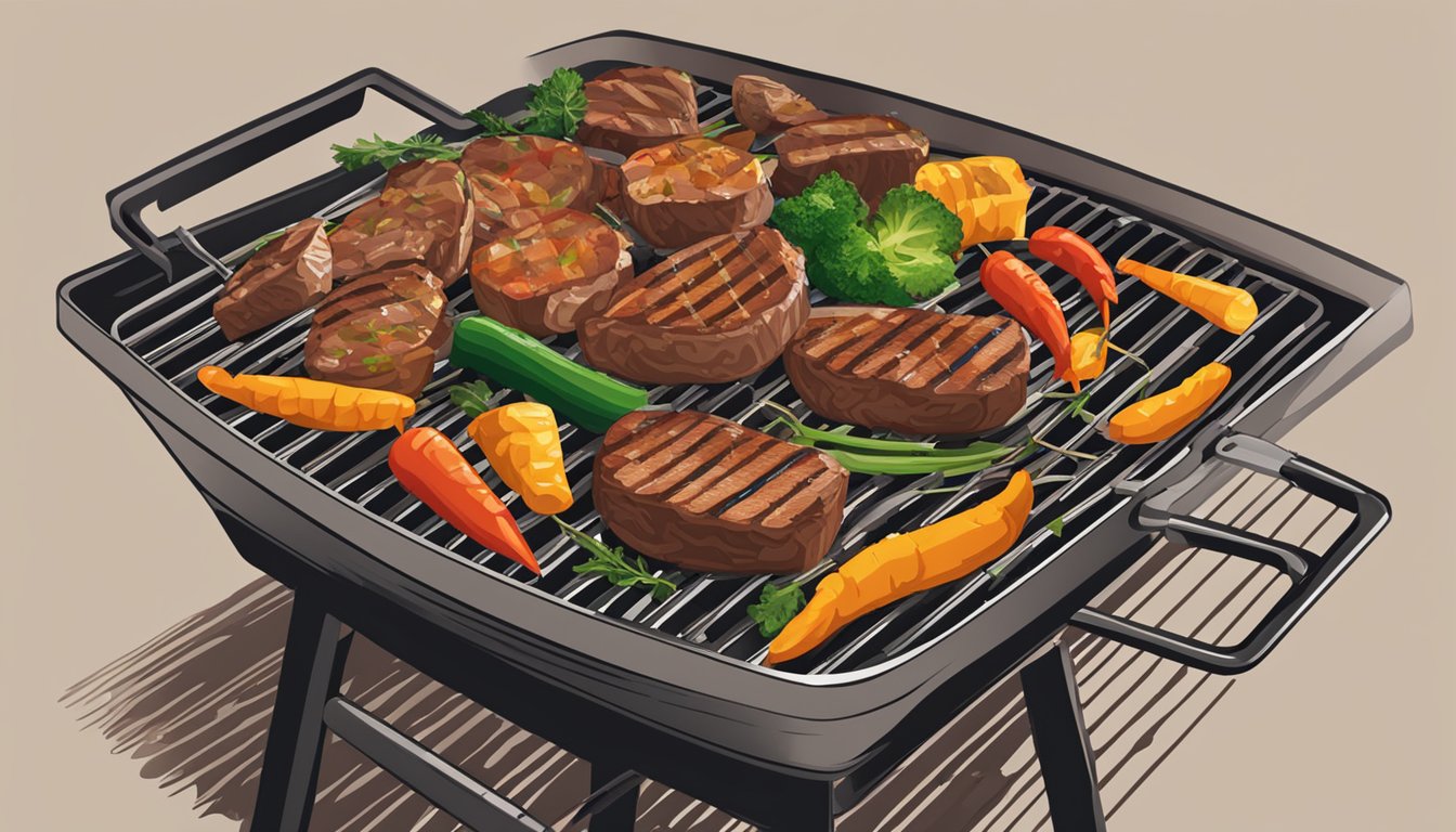 A grill basket filled with seasoned meat and vegetables sizzling over a hot grill, with a Texas BBQ sauce being brushed on