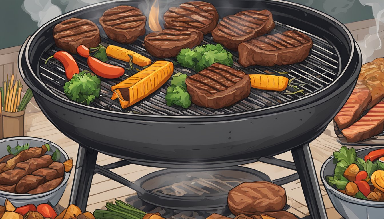 A grill basket filled with sizzling meat and vegetables over a smoky Texas BBQ grill