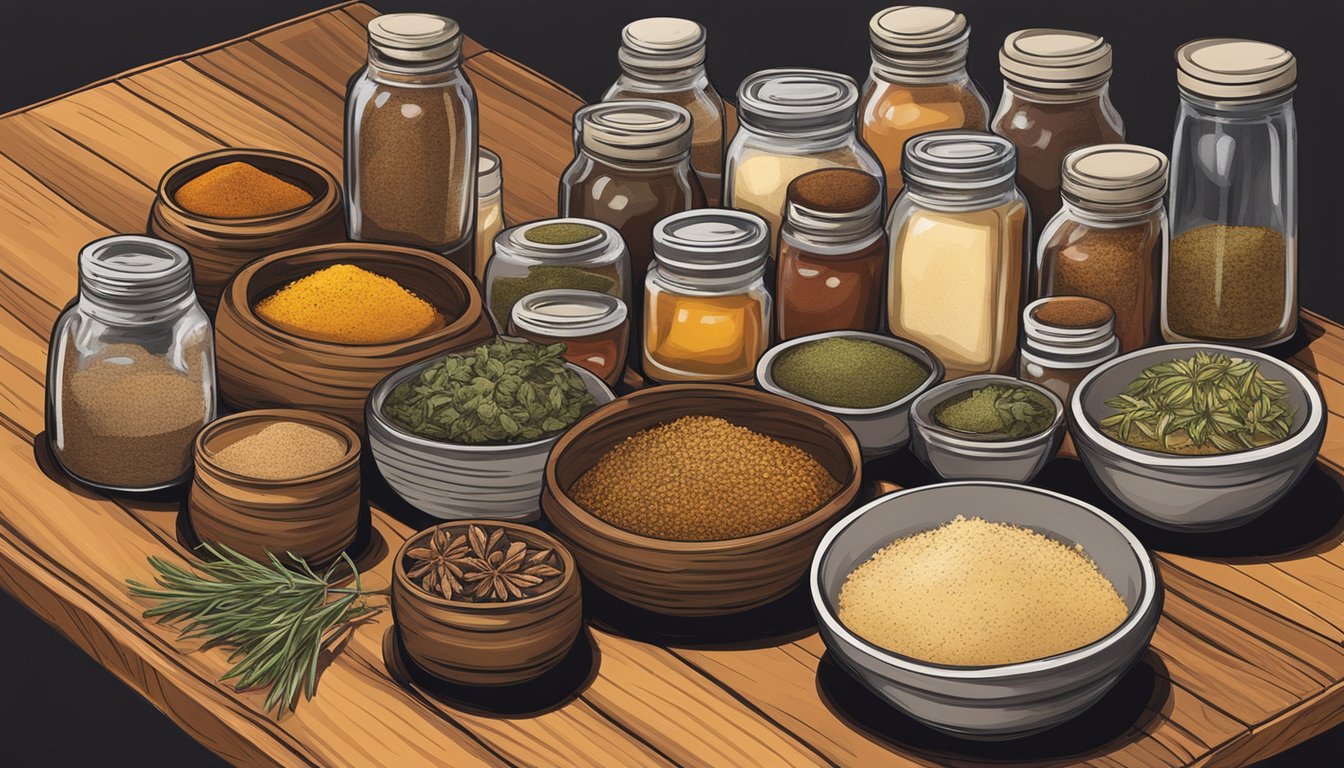 A rustic wooden table displays key ingredients and dry rubs for Texas Gulf Coast style barbecue. A variety of spices, herbs, and sauces are arranged in small jars and bowls, ready to be used in the barbecue process