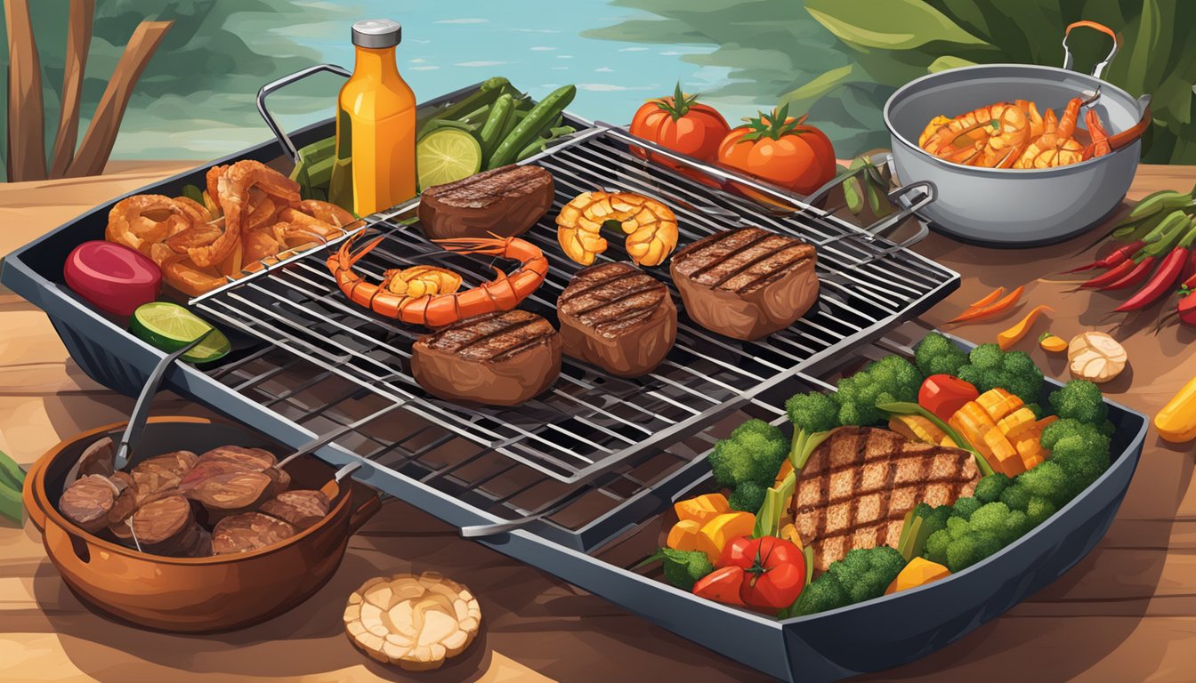 A grill basket filled with an assortment of grilled delicacies, including juicy steaks, succulent shrimp, and colorful vegetables, sizzling over hot coals in a Texas BBQ style setting