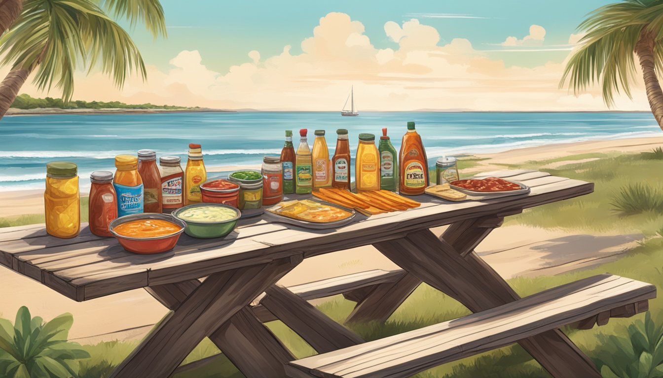 A picnic table covered in a variety of sauces and condiments, surrounded by a coastal barbecue setting with palm trees and a view of the Texas Gulf Coast