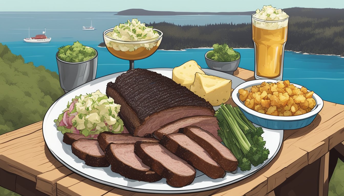 A platter of smoked brisket, ribs, and sausage with sides of coleslaw and potato salad, garnished with pickles and onions, set against a backdrop of a coastal landscape