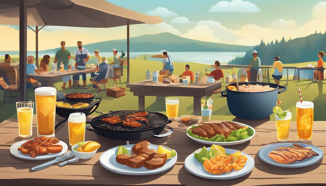 A sunny outdoor barbecue with a spread of grilled meats, seafood, and sides. Various drinks like beer, iced tea, and lemonade are paired with the smoky flavors