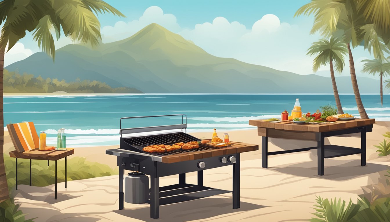 A rustic outdoor barbecue with a smoky grill, picnic tables, and a coastal backdrop of palm trees and ocean waves