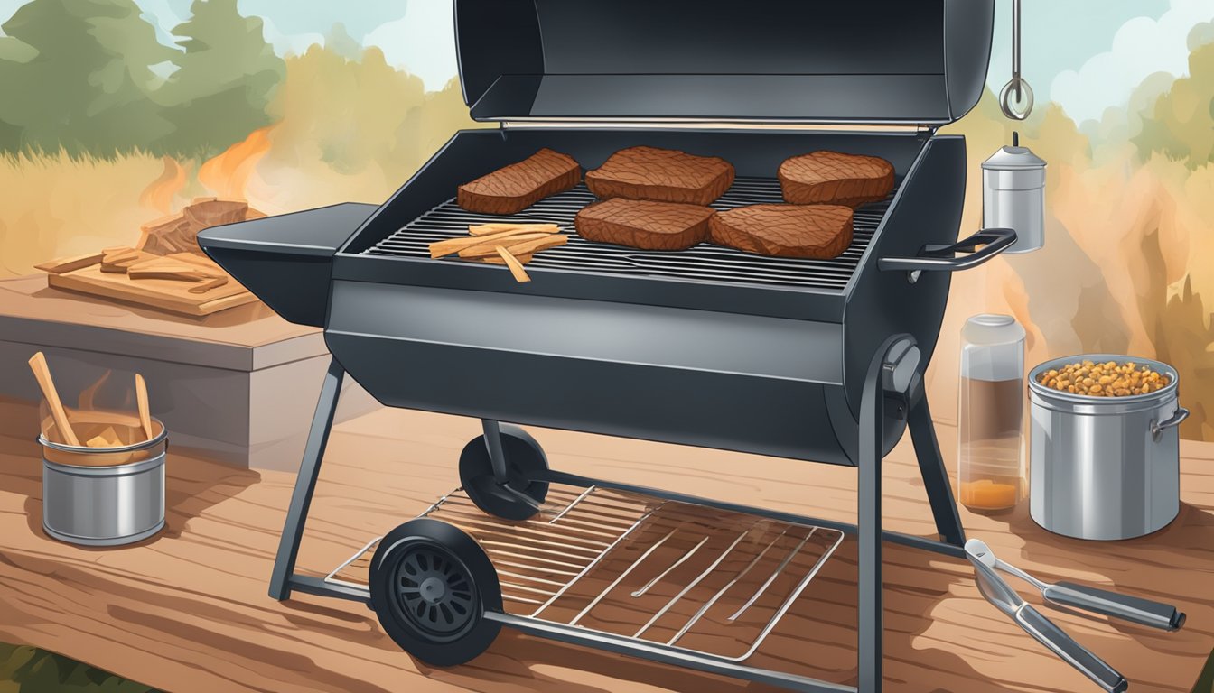 A gas grill with smoke billowing out, a meat thermometer inserted into a thick cut of brisket, and a tray of wood chips soaking in water nearby