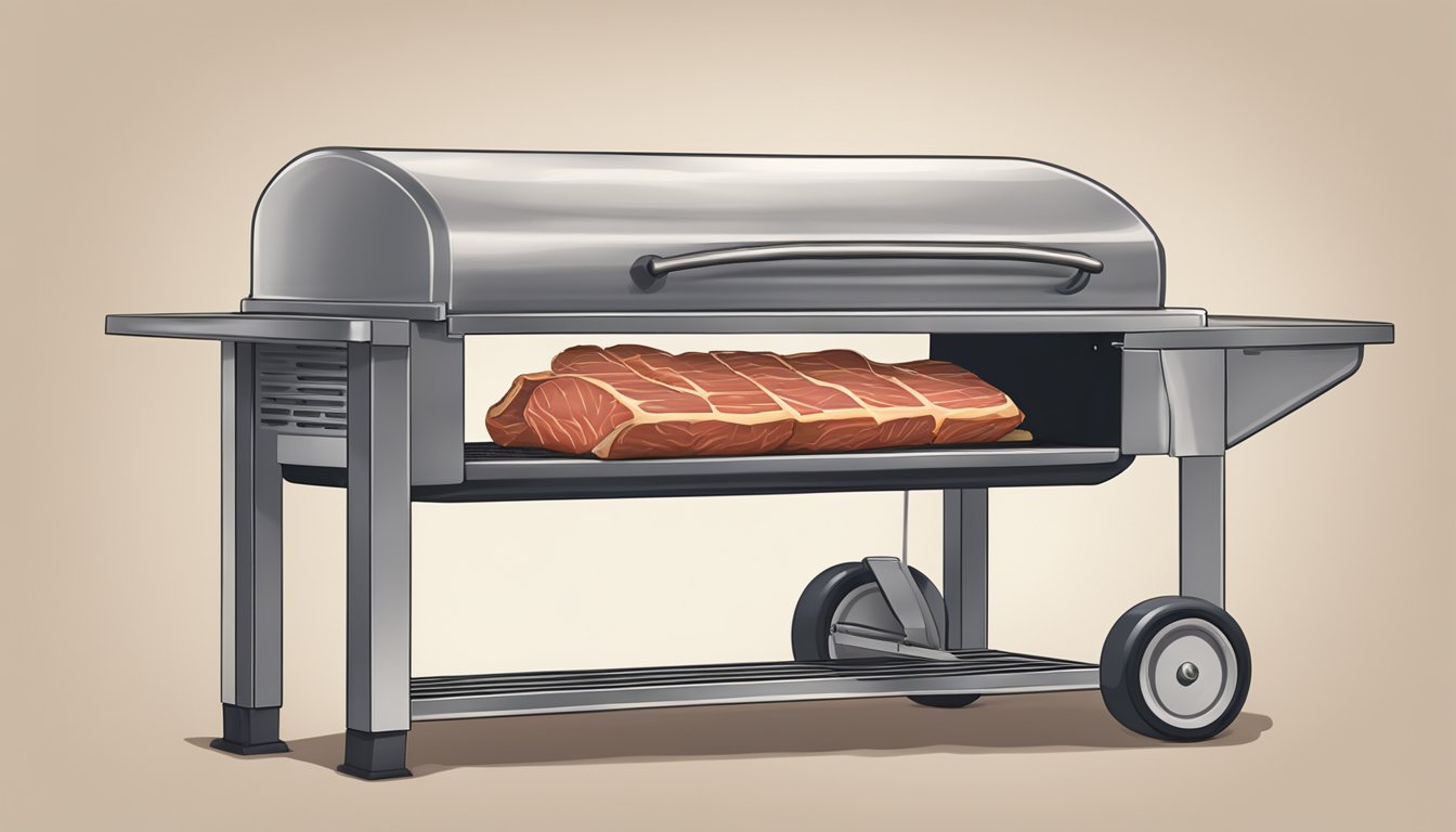 A large piece of meat is being carefully wrapped in butcher paper and placed on a gas grill set to low heat, with the lid closed