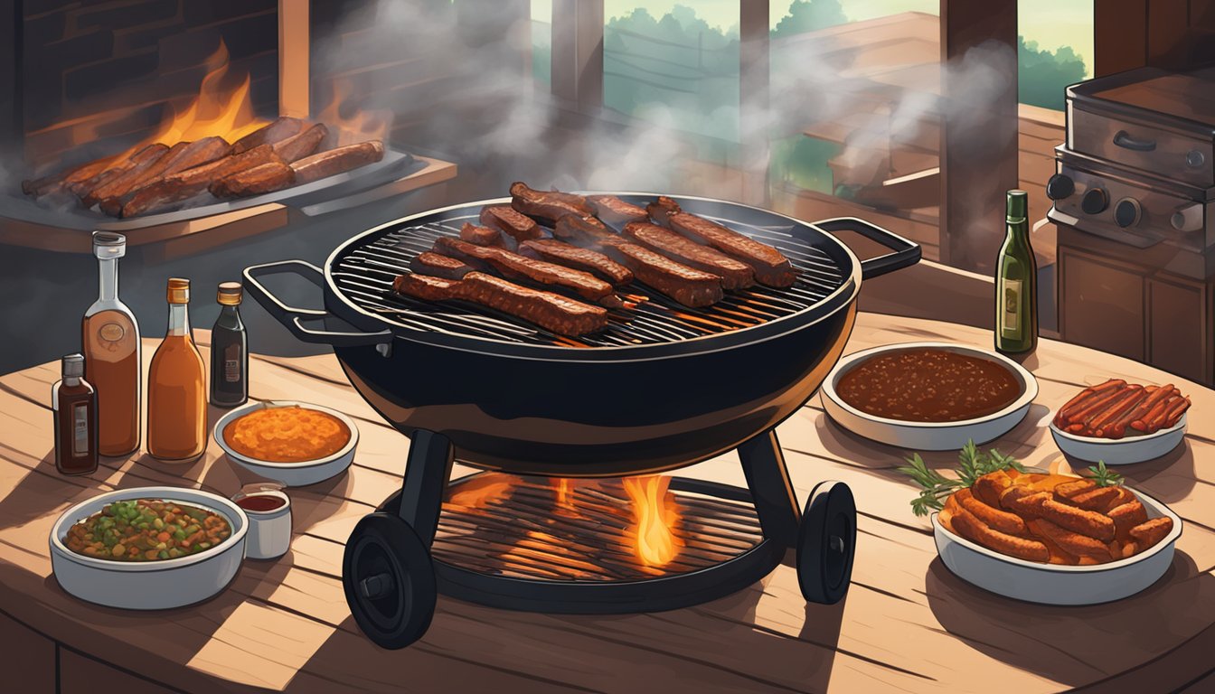 A smoky Texas BBQ pit with racks of ribs sizzling over the open flames, surrounded by bottles of homemade sauce and seasoned rubs