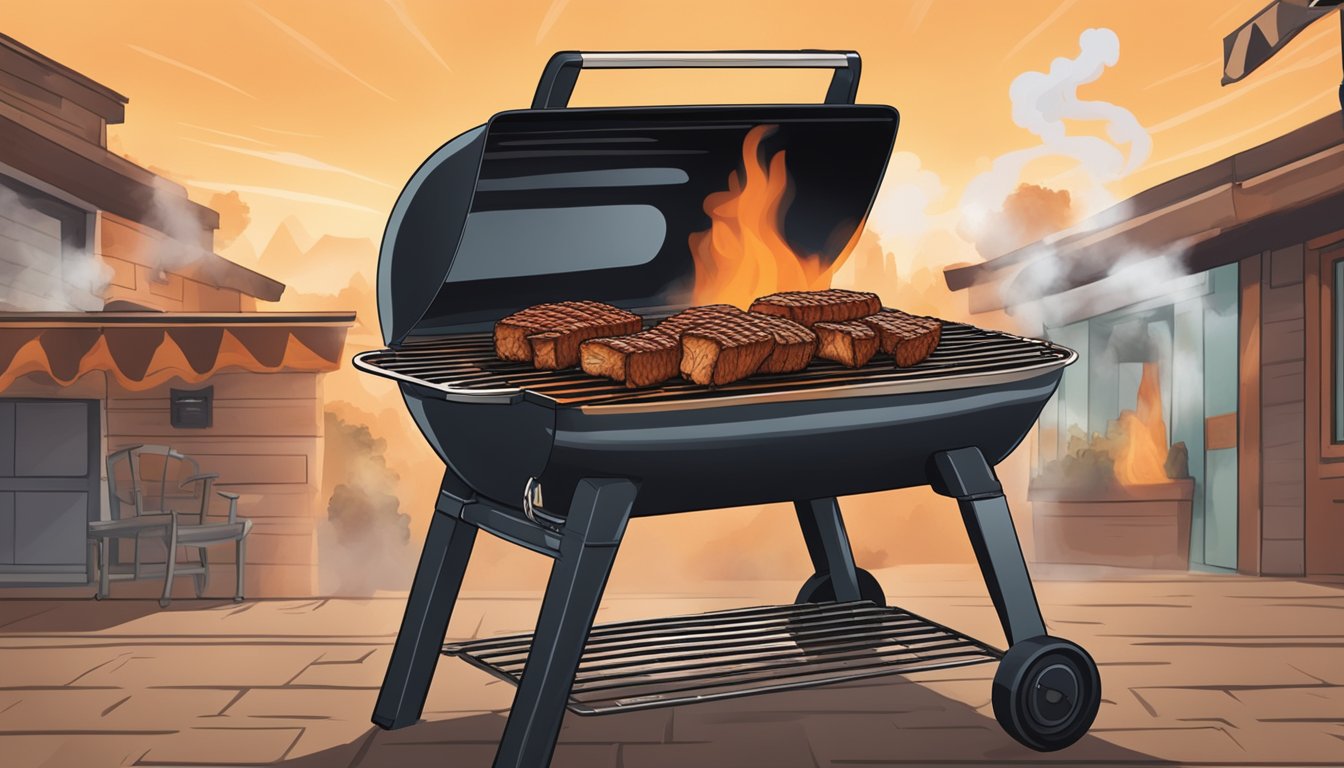 A gas grill with smoke billowing out, a rack of ribs cooking low and slow, surrounded by Texas BBQ sauces and seasonings