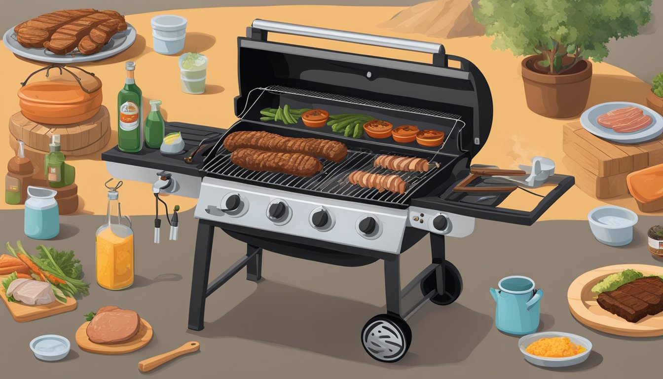 A gas grill with low, slow cooking, emitting a smoky aroma, surrounded by Texas BBQ ingredients and safety equipment