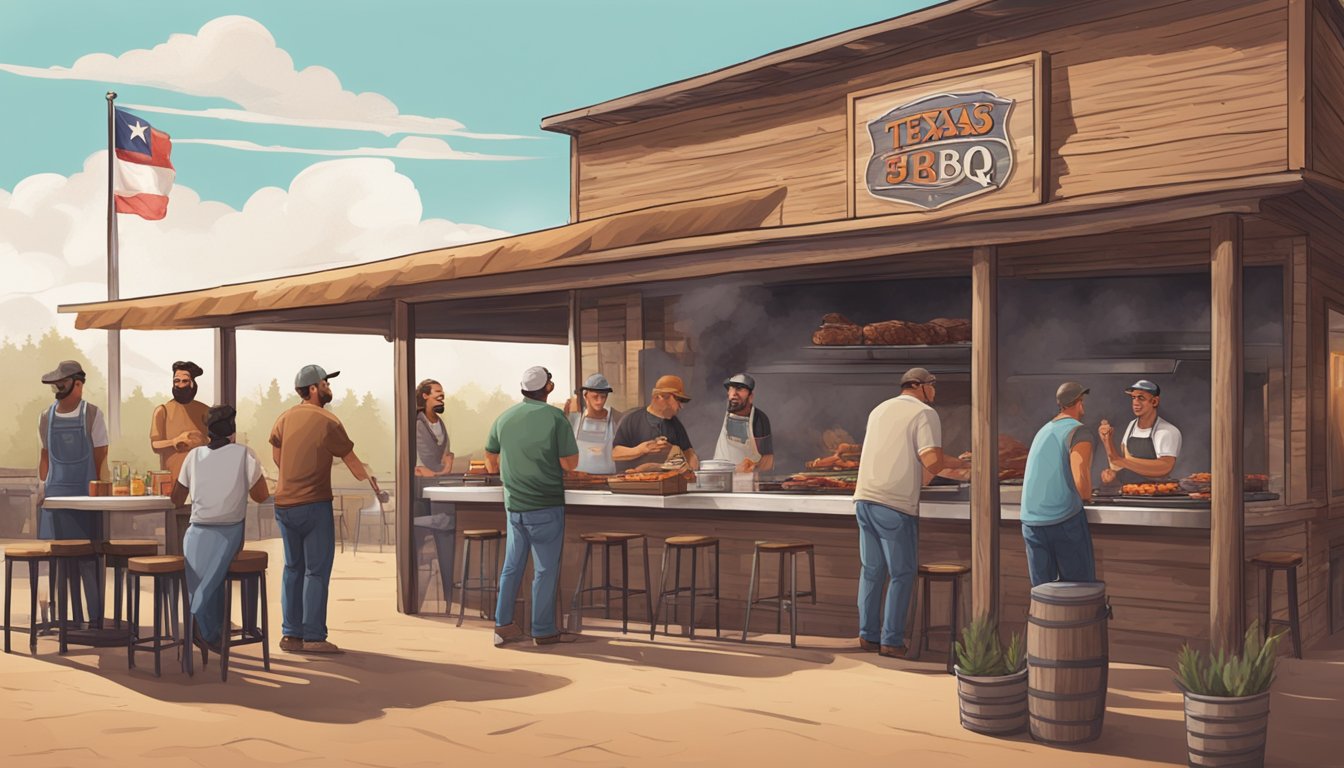 A rustic Texas BBQ joint with smoke billowing from the pit, a row of saucy ribs sizzling on the grill, and a group of satisfied customers enjoying their meal