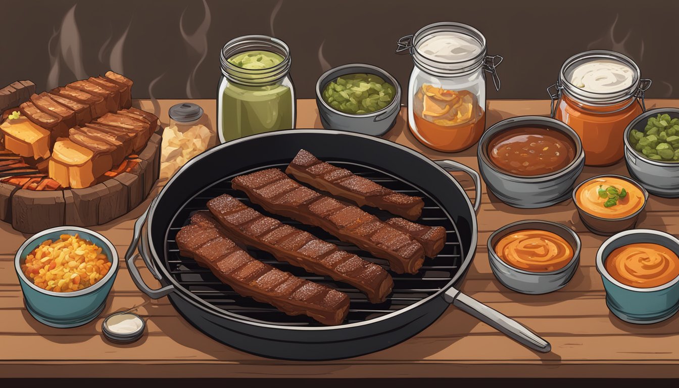 A rustic barbecue pit with smoky ribs cooking over open flames, surrounded by jars of tangy sauces and classic Texas sides