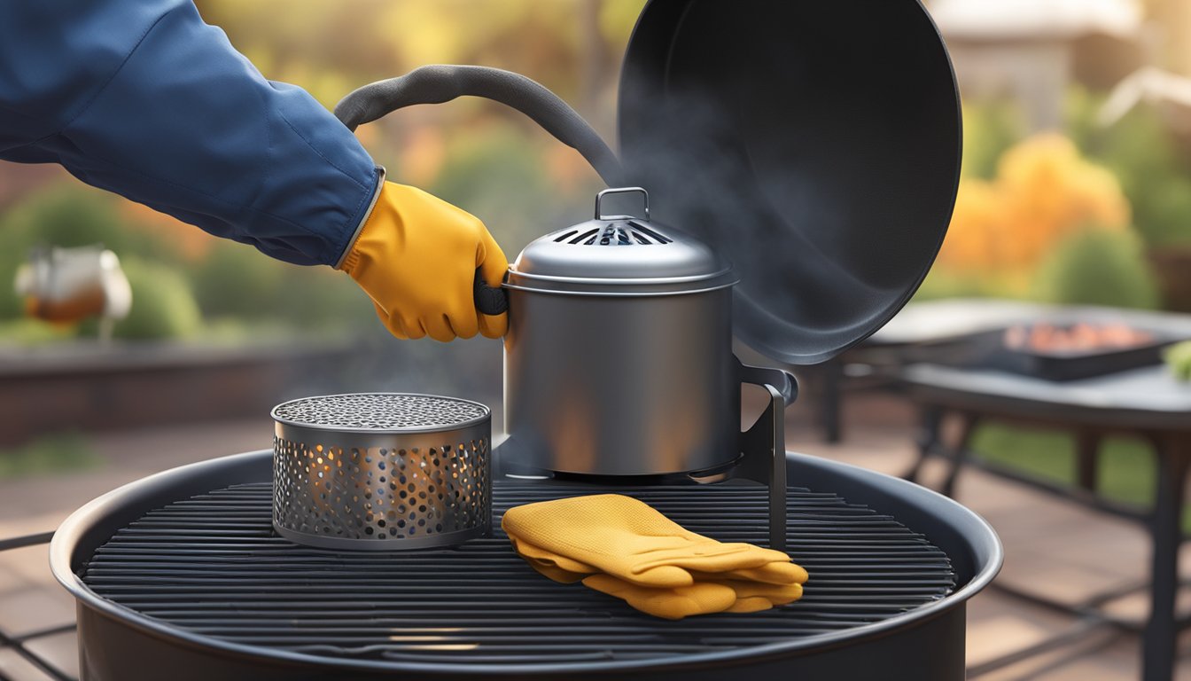 A hand holding a charcoal chimney starter over a grill filled with charcoal, with a safety glove nearby and a fire extinguisher in the background