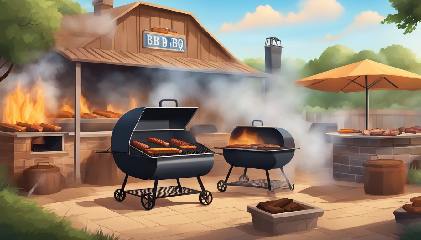 A variety of Texas BBQ pits, from traditional smokers to open flame grills, surrounded by sizzling meat and billowing smoke