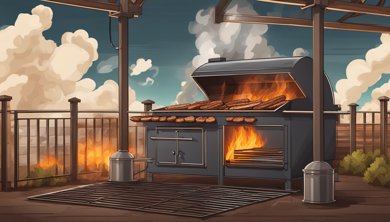 A large Texas BBQ pit with billowing smoke, surrounded by stacks of wood and metal grates. The fire roars beneath the meat, creating a mouth-watering aroma