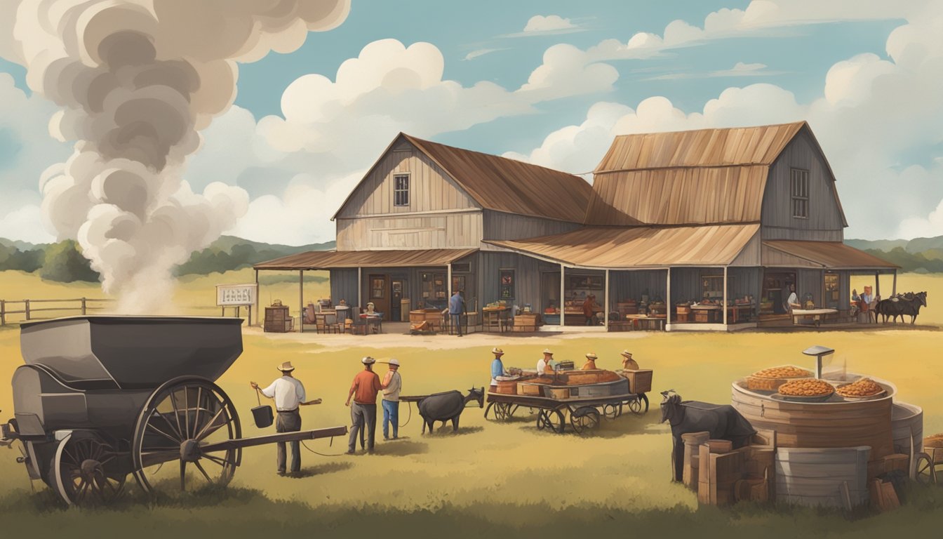 A rustic Texas farm with rolling fields and a large smoker billowing fragrant smoke, surrounded by seven quaint BBQ restaurants