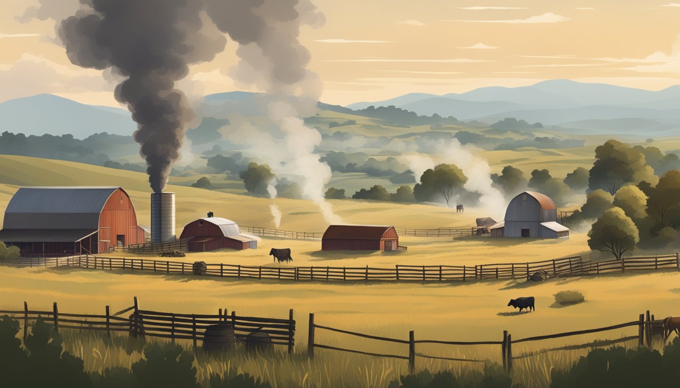 A rustic Texas farm with smoke rising from barbecue pits, surrounded by rolling hills and grazing livestock