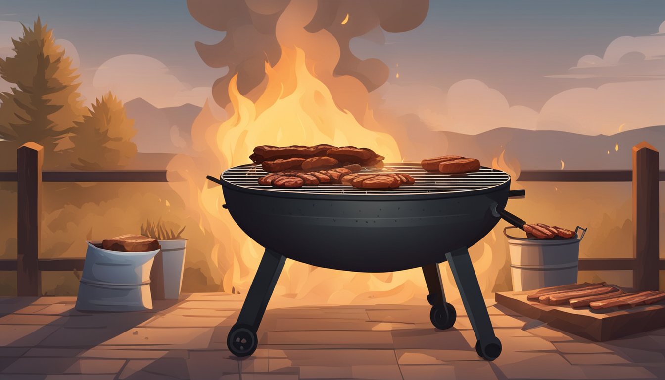 A rustic Texas BBQ pit with smoldering coals and sizzling meat on a grill