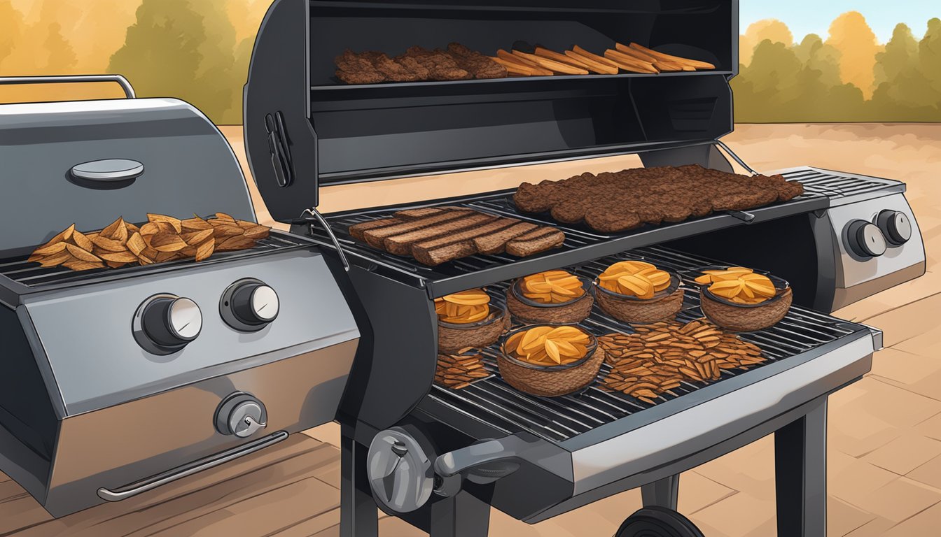 A gas grill with wood chips smoking, expertly set up for Texas BBQ style