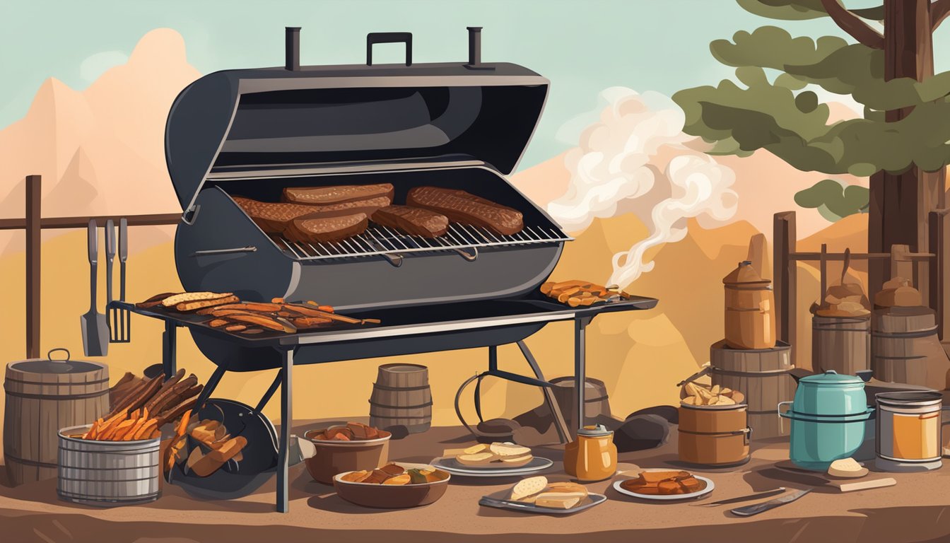 A rustic outdoor barbecue pit with a large brisket smoking over an open flame, surrounded by Texan cowboy-style cooking essentials