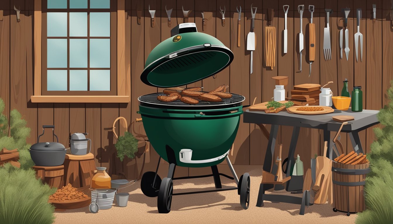 A rustic outdoor scene with a Big Green Egg smoker surrounded by cowboy-style Texan BBQ essentials such as wood chips, grilling tools, and a cowboy hat