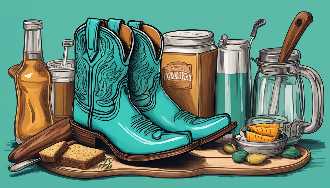 A pair of turquoise cowboy boots surrounded by texan BBQ essentials