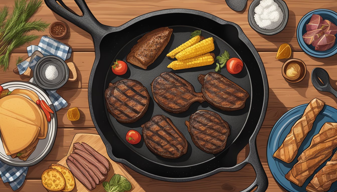 A Lodge Cast Iron Skillet surrounded by texan bbq essentials in a cowboy style setting