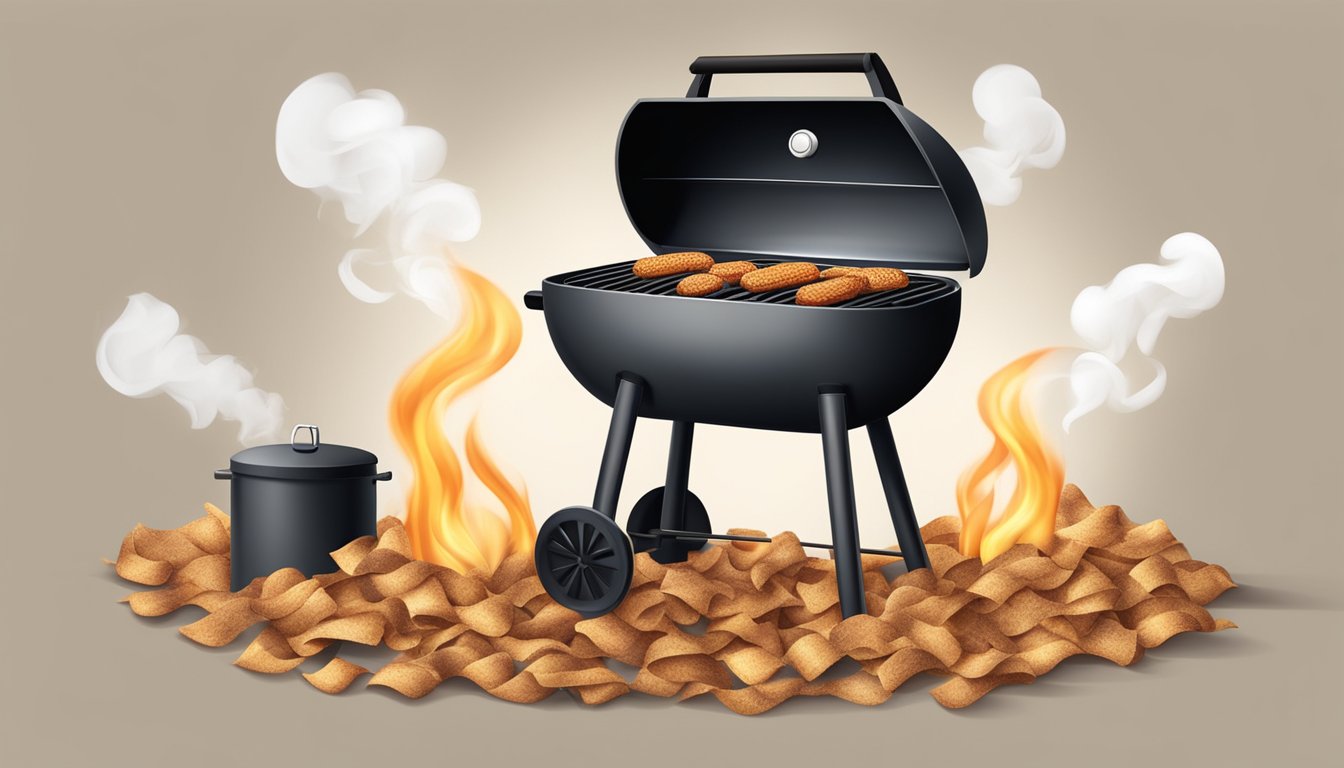 A gas grill with wood chips smoking, emitting a rich, aromatic flavor