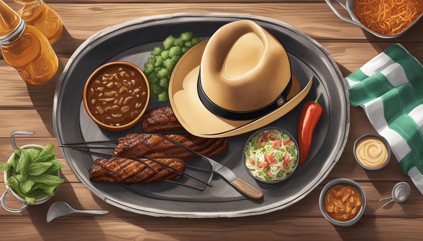 A rustic Texan BBQ spread with Stetson Open Road hat as the centerpiece