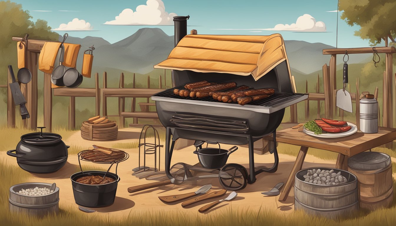 A rustic Texan BBQ scene with Cowboy Charcoal, grill, utensils, and essential ingredients