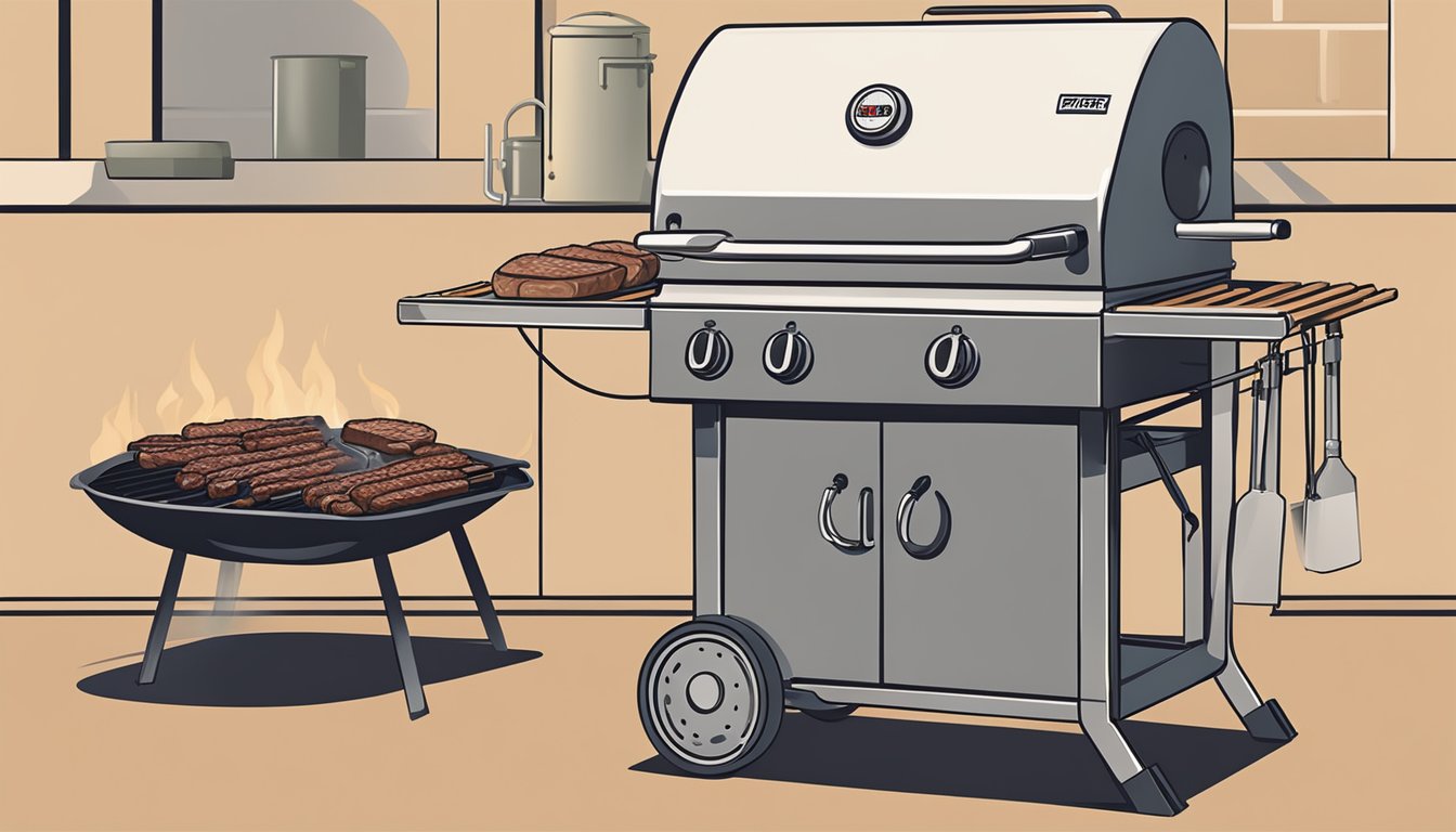 A gas grill with meat being prepared and smoked, showcasing expert Texas BBQ techniques in a simplified manner