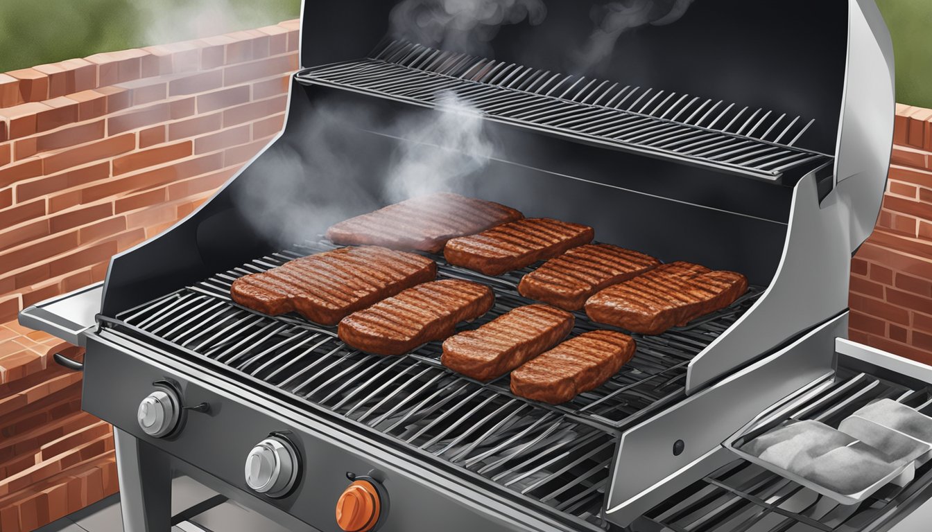 A gas grill with smoke billowing from the vents, meat sizzling on the grates, and a Texas BBQ sauce being brushed on the surface