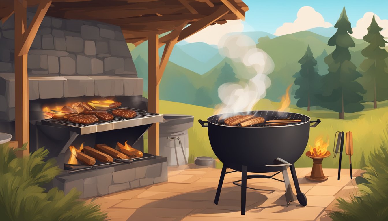 A rustic outdoor BBQ pit with a roaring fire, surrounded by wood and metal cooking implements, and the scent of sizzling meat in the air