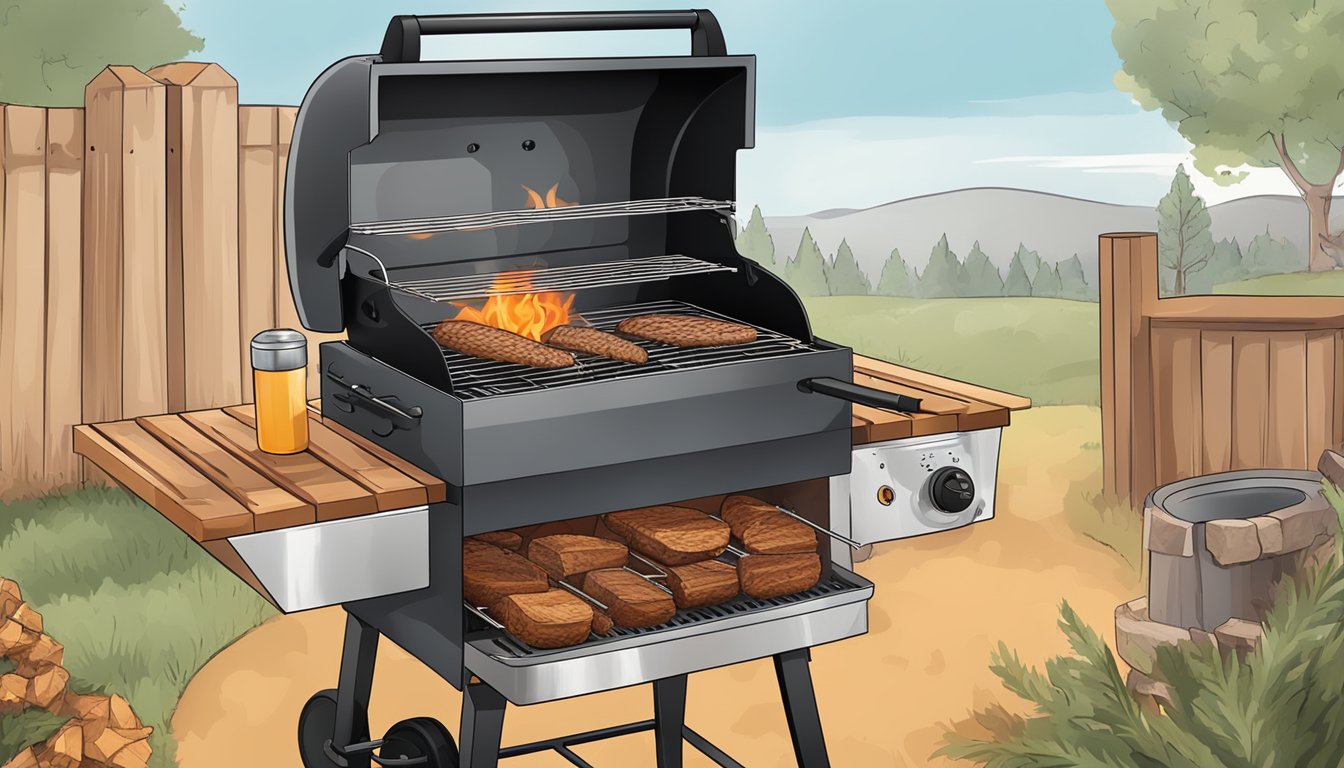 A gas grill with smoking wood chips, meat on the grates, and a thermometer showing the ideal temperature for Texas-style BBQ