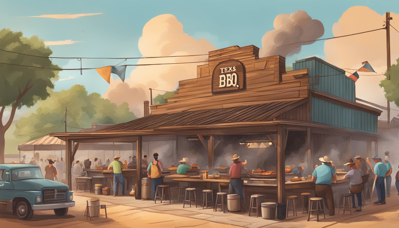 A rustic Texas BBQ joint with smoke billowing from the pit, surrounded by locals enjoying traditional BBQ dishes