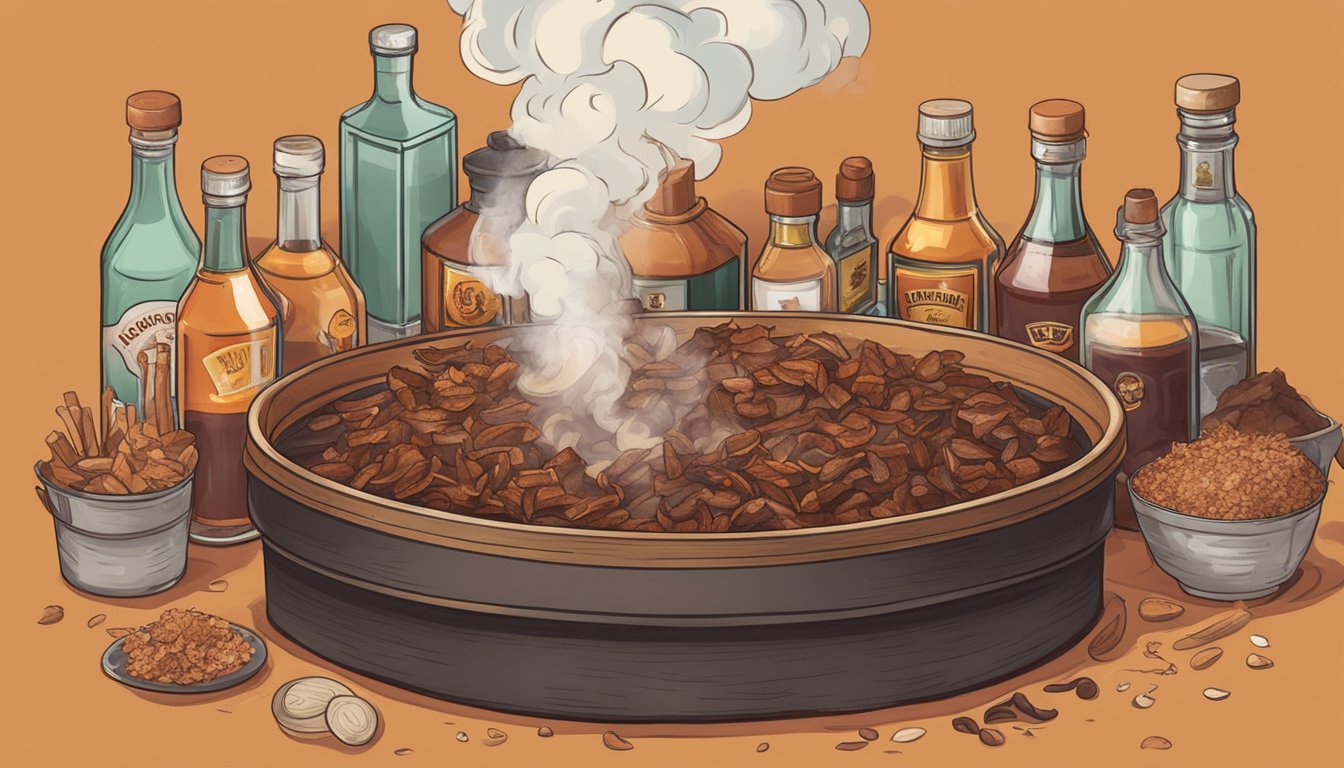 A smoky pit filled with sizzling meat, surrounded by bottles of tangy vinegar-based sauce and piles of hickory wood chips