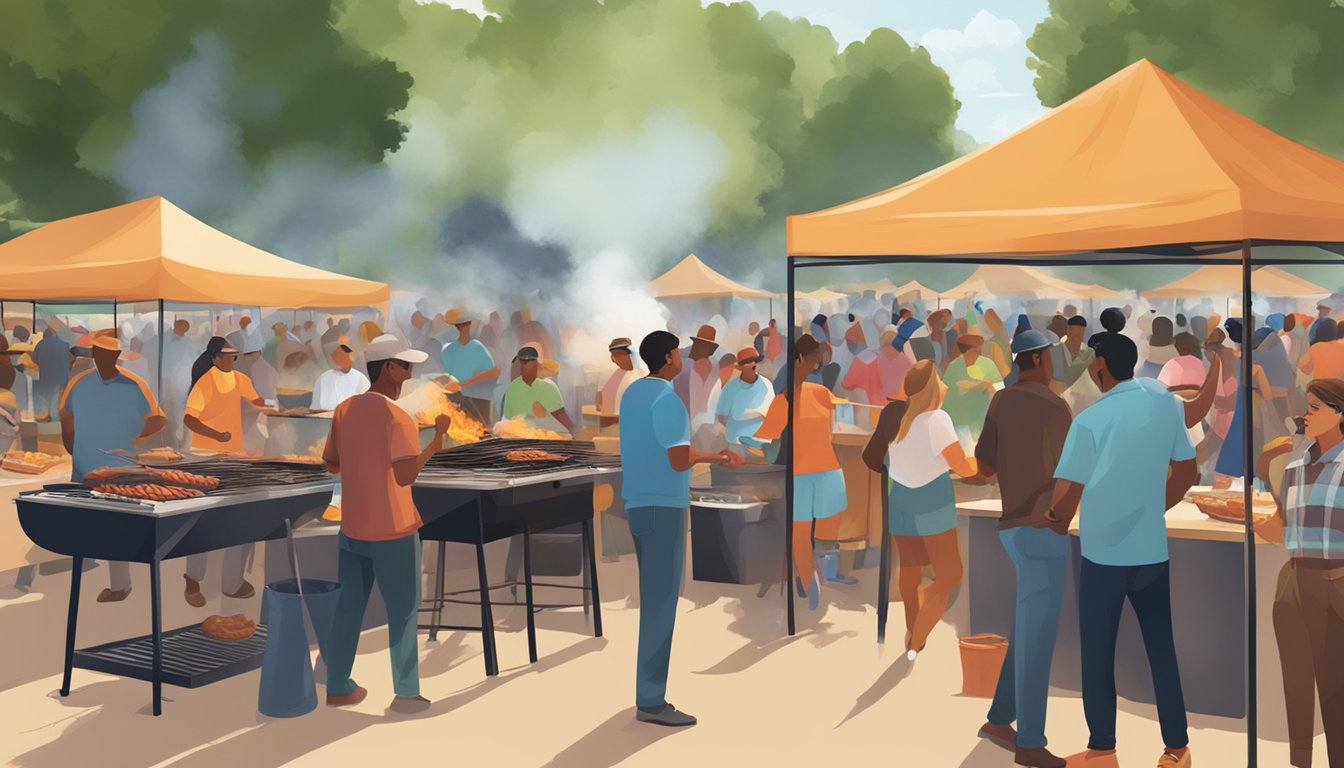 A bustling outdoor BBQ festival with smoke rising from grills, people sampling different regional styles, and a lively atmosphere in Dallas and Fort Worth