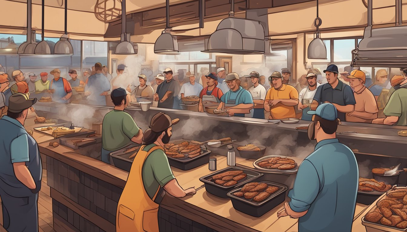 A bustling Texas BBQ joint with a smoky pit, sizzling grills, and a line of hungry customers eagerly awaiting their mouthwatering, slow-cooked meats