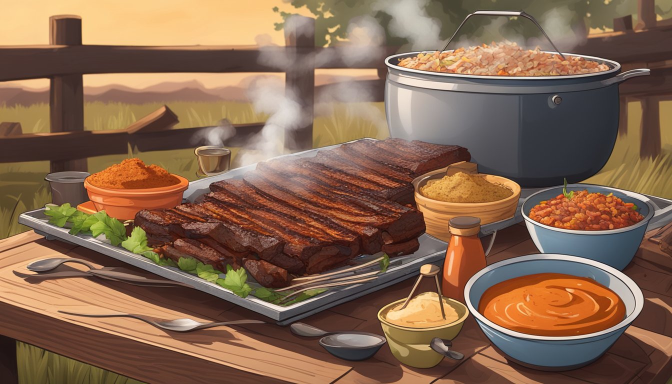 A steaming plate of Texas BBQ with a variety of spicy sauces and seasonings, surrounded by smoky wood chips and a rustic outdoor setting