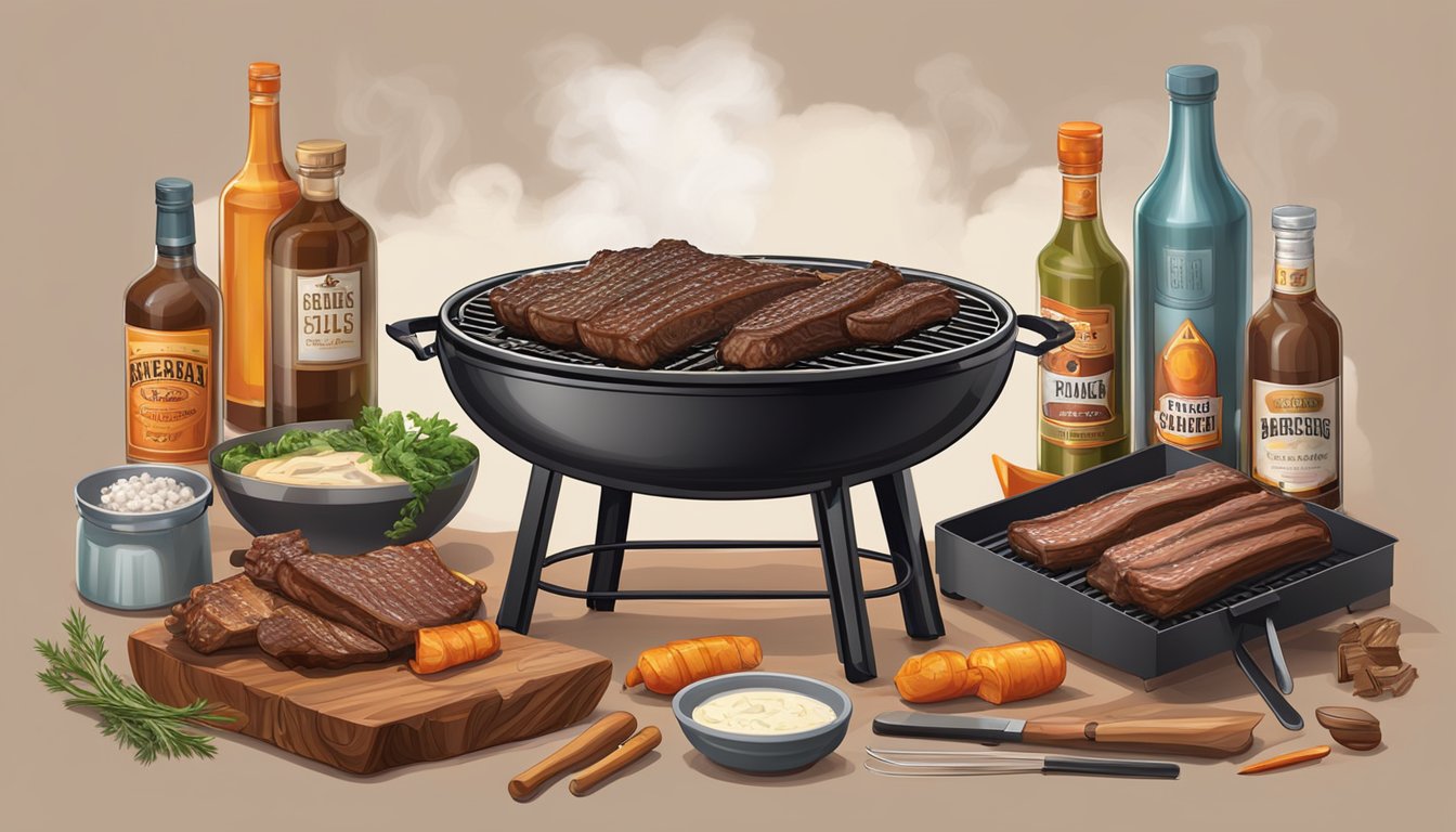 A large grill sizzling with juicy beef ribs, surrounded by smoky Texas barbecue ingredients and tools