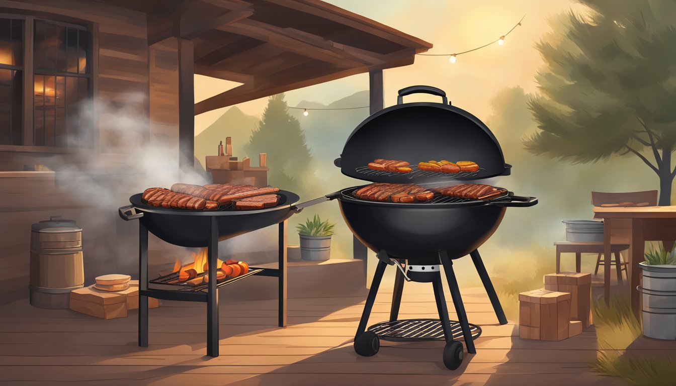 A smoky charcoal grill sizzling with juicy cuts of meat, surrounded by a rustic Texas BBQ setting