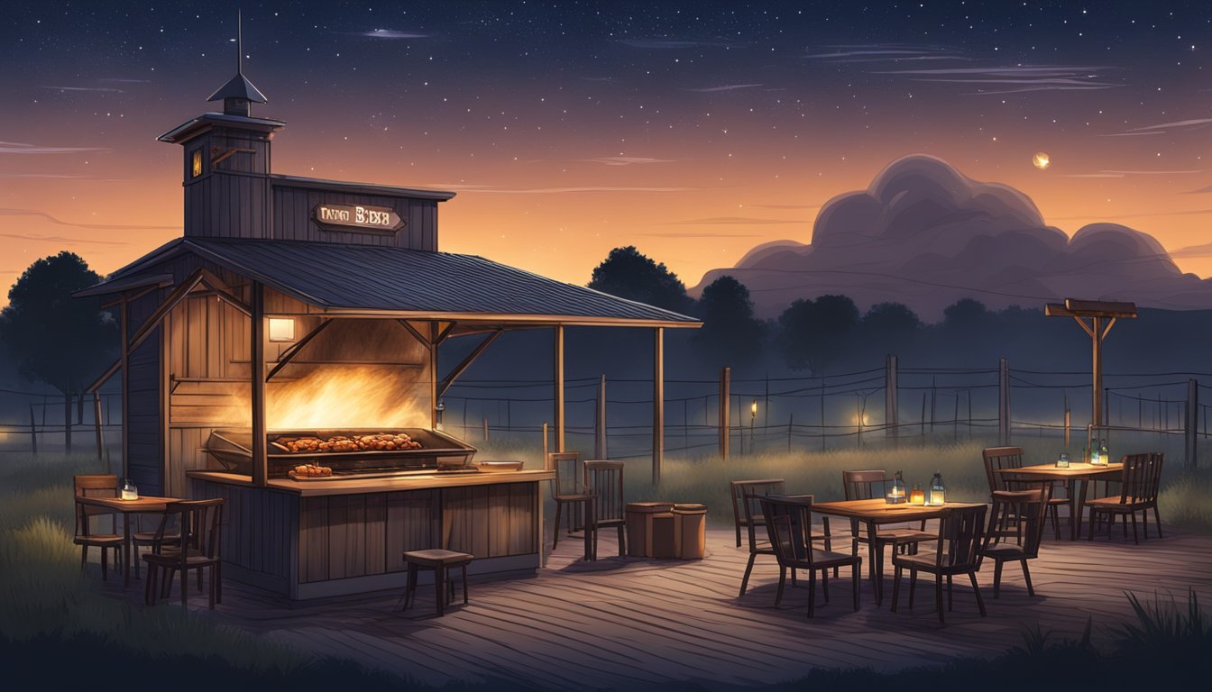 A smoky Texas BBQ pit with sizzling meats, surrounded by rustic wooden tables and chairs, under a starry night sky